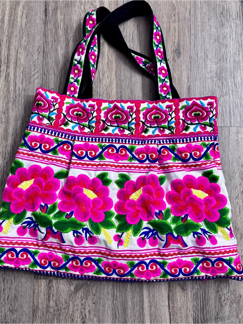 Hand-Embroidered Pink Floral Tote Bag